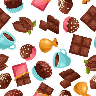 Çeşitli lezzetli tatlılar ve şeker ile çikolata seamless modeli.