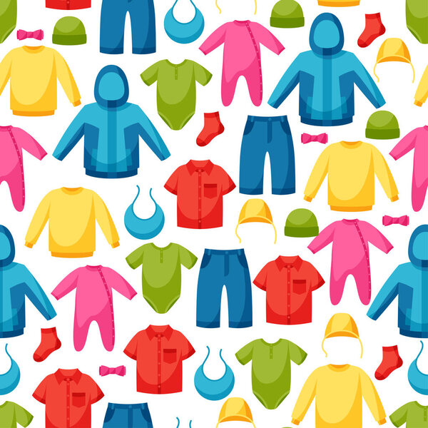 Детская одежда. Бесшовный узор с предметами одежды для новорожденных и детей
.