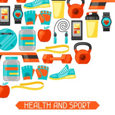 Spor ve fitness ikonlarıyla dolu sağlıklı yaşam tarzı. Görüntü, reklam broşürlerinde, afişlerde, yüzücülerde kullanılabilir.