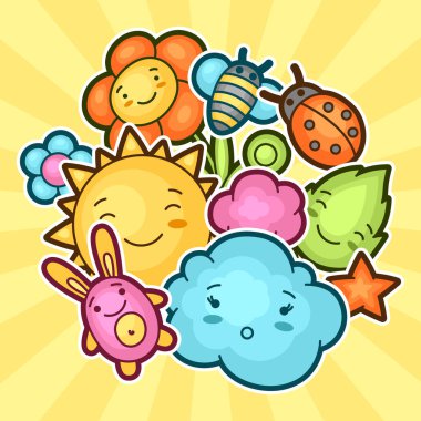 Kawaii karalamaları olan sevimli bir çocuk geçmişi var. Neşeli çizgi film karakterlerinin bahar koleksiyonu güneş, bulut, çiçek, yaprak, böcek ve dekoratif nesneler..