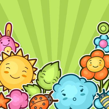 Kawaii karalamaları olan sevimli bir çocuk geçmişi var. Neşeli çizgi film karakterlerinin bahar koleksiyonu güneş, bulut, çiçek, yaprak, böcek ve dekoratif nesneler..