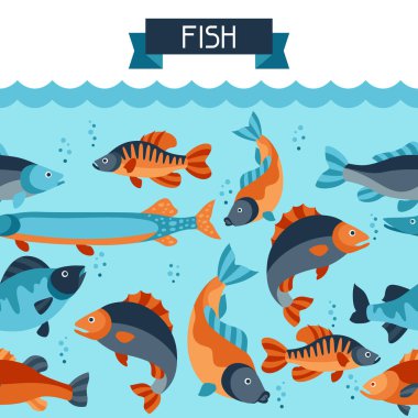 Çeşitli balıklarla kusursuz desen. Maskesiz arkaplan. Arkaplan, tekstil, ambalaj kağıdı için kullanması kolay.