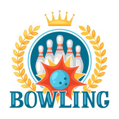 Oyun nesneleriyle bowling amblemi. Reklam broşürleri, pankartlar, yüzücüler için resim.