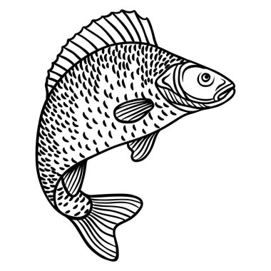 Beyaz arka planda soyut dekoratif balık. Tişörtler, baskılar, dekorasyon broşürleri ve web siteleri için resim.