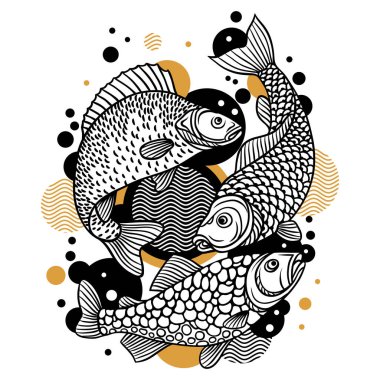 Dekoratif balıkların arka planı. Tişörtler, baskılar, dekorasyon broşürleri ve web sitelerinde tasarım için resim.