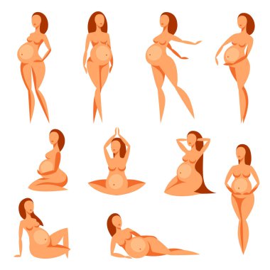 Stilize siluetleri hamile kadınlar kümesi. Gösterim amacıyla Web siteleri, dergi ve broşür.