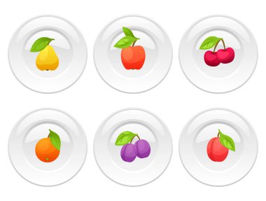 Tabaklar ve stilize taze olgun meyveler ile arka plan tasarımı.