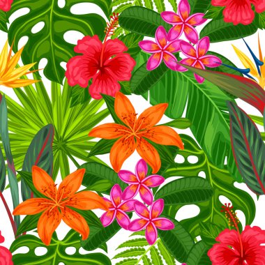 Tropikal ile Seamless Modeli bitkiler, yapraklar ve çiçekler. Kırpma maskesi yapılan arka plan. Zemin, tekstil, kağıt ambalaj için kullanımı kolay.