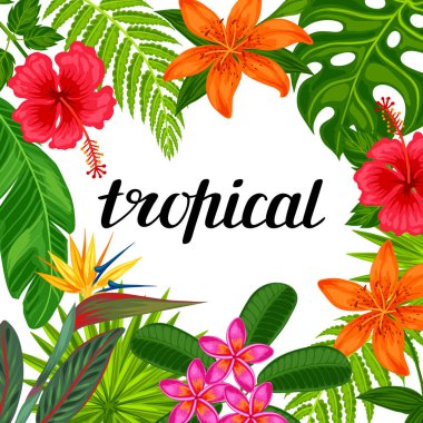 Tarzlanmış yaprakları ve çiçekleri olan tropik cennet kartı. Reklam broşürleri, pankartlar, yüzücüler için resim.