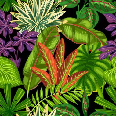 Tropikal bitki ve yaprakları ile dikişsiz desen. Kırpma maskesi olmadan yapılan arka plan. Zemin, tekstil, ambalaj kağıdı için kullanımı kolay.