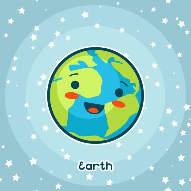 Kawaii alanı kartı. Çok yüz ifadesi ile doodle. Yıldızlı gökyüzü Earth'te çizgi film gösterimi.