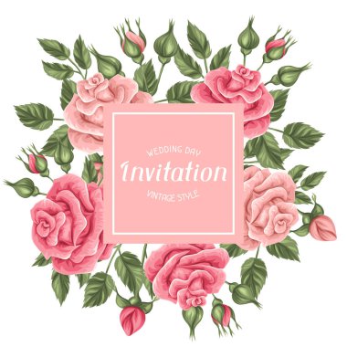 İçinde güller olan davetiye kartı. Dekoratif retro çiçekler. Düğün davetiyeleri, romantik kartlar, posterler için resim.