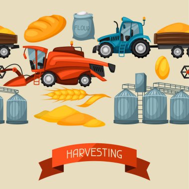 Ürünleri hasat eden tarımsal ve pürüzsüz bir düzen. Hasat makinesi, traktör ve tahıl ambarını birleştirin..
