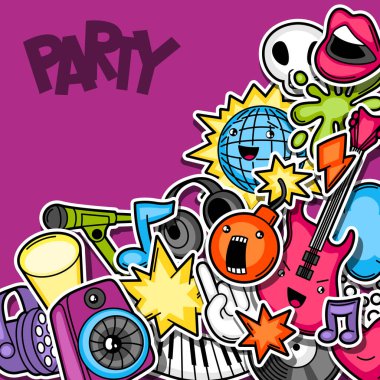 Müzik parti kawaii seamless modeli. Müzik aletleri, semboller ve karikatür tarzı nesneleri.