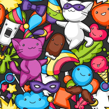 Karnaval parti kawaii seamless modeli. Sevimli kediler, dekorasyon kutlama, nesneler ve simgeler.