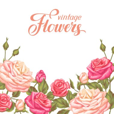 İçinde güller olan davetiye kartı. Dekoratif retro çiçekler. Düğün davetiyeleri, romantik kartlar, posterler için resim.