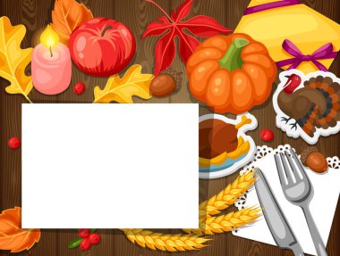 Şükran Günü tebrik kartı. Arka plan ile sonbahar ve tatil nesneleri.