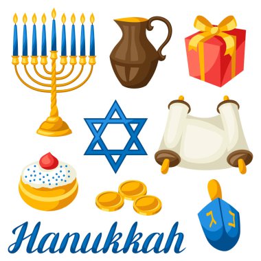 Yahudi Hanuka kutlaması nesneler ve simgeler kümesi.