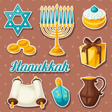 Yahudi Hanuka kutlama çıkartma nesneler ve simgeler kümesi.