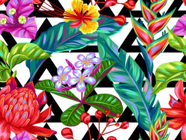 Seamless pattern with Thailand flowers. Tropical multicolor plants, leaves and buds. clipart