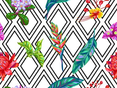 Seamless pattern with Thailand flowers. Tropical multicolor plants, leaves and buds. clipart