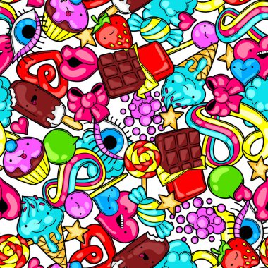 Tatlılar ve şeker ile sorunsuz kawaii desen. Karikatür tarzı çılgın tatlı şeylere.