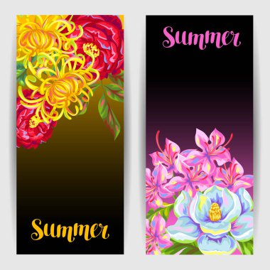 Afiş Çin çiçeklerle ayarlayın. Parlak tomurcukları, manolya, Şakayık, ormangülü ve krizantem.