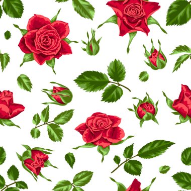 Kırmızı gül ile Seamless modeli. Güzel gerçekçi çiçekler, tomurcukları ve yaprakları.