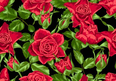 Kırmızı gül ile Seamless modeli. Güzel gerçekçi çiçekler, tomurcukları ve yaprakları.