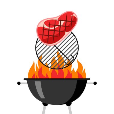 Barbekü Izgara rendeleyin, yangın ve kızarmış biftek.