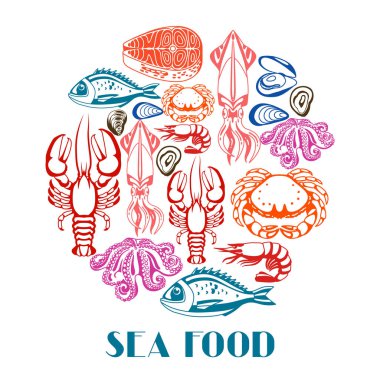 Çeşitli deniz ürünleri ile arka plan. Balık, kabuklu deniz hayvanı ve kabukluların resmi.