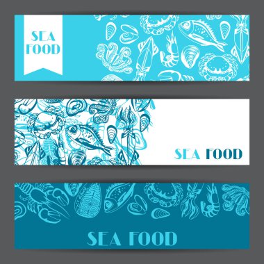 Afiş çeşitli deniz ürünleri ile. Balık, kabuklu deniz ürünleri ve kabuklular çizimi.