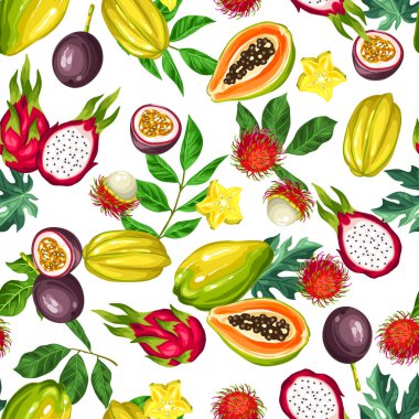 Dikişsiz desen egzotik tropik meyve ile. Asya bitki çizimi.