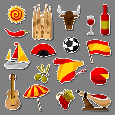 İspanya etiket Icons set. İspanyol geleneksel semboller ve nesneleri.