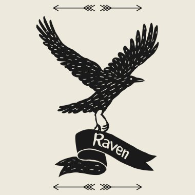 Arka plan siyah uçan kuzgun ile. Elle çizilmiş Inky kuş ve şerit.