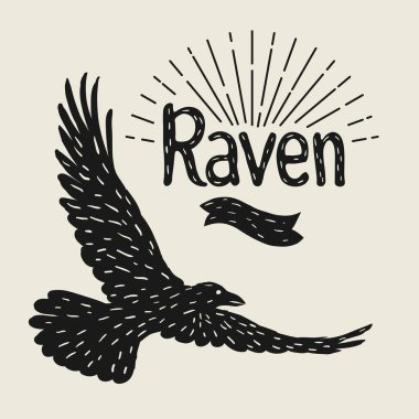 Arka plan siyah uçan kuzgun ile. Elle çizilmiş Inky kuş.