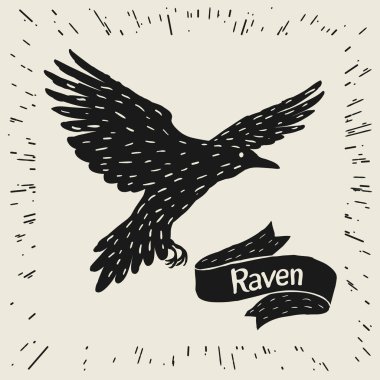 Arka plan siyah uçan kuzgun ile. Elle çizilmiş Inky kuş ve şerit.