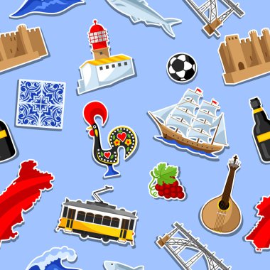 Portekiz çıkartmaları ile seamless modeli. Portekiz Ulusal geleneksel semboller ve nesneleri.