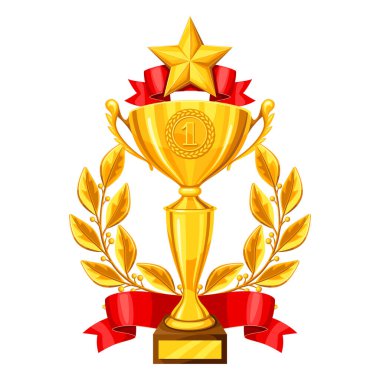 Defne çelengi ve yıldız ile gerçekçi gold Kupası. Ödülü-spor veya kurumsal yarışmalar çizimi.