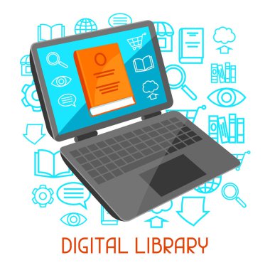 Dijital Kütüphane kavramı. Laptop açık kitap ile. E-kitap online gönüllülük.