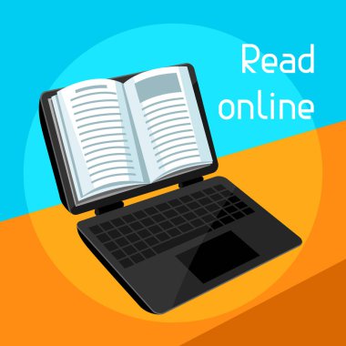 Dijital Kütüphane kavramı. Laptop açık kitap ile. E-kitap online gönüllülük.