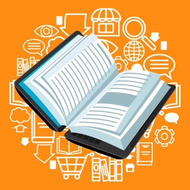 Dijital Kütüphane kavramı. Laptop açık kitap ile. E-kitap online gönüllülük.