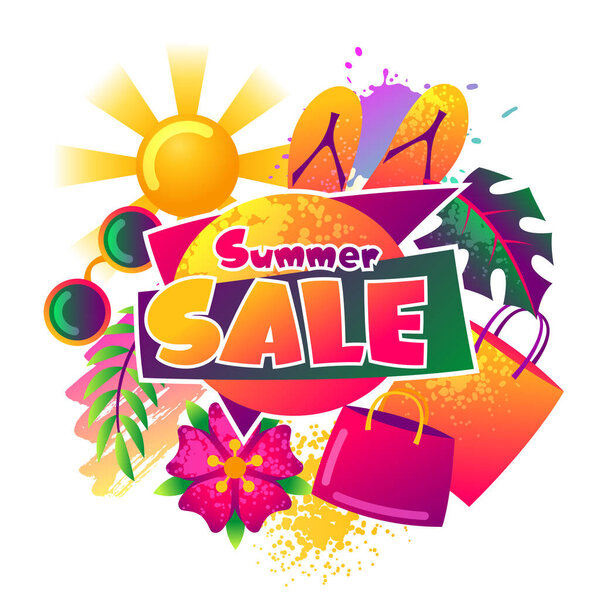 Летняя распродажа фона с красочными элементами. Солнце, пальмовые листья и сумки
.