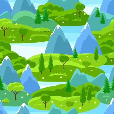 Ağaçlar, dağlar ve tepeler ile yaz Dikişsiz desen. Mevsimlik manzara illüstrasyon.