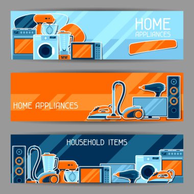 Banners with home appliances. Household items for sale and shopping advertising poster. clipart