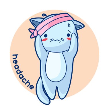 Baş ağrısı hasta şirin yavru kedi. Kawaii kedi gösteren resim.