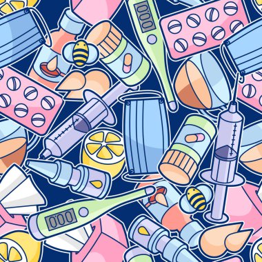 İlaç ve tıbbi nesneleri ile Seamless modeli. Soğuk algınlığı ve grip tedavisi.