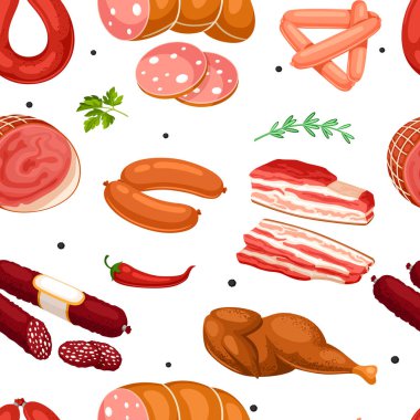 Et ürünleri ile Seamless modeli. Sosis, pastırma ve jambon çizimi.