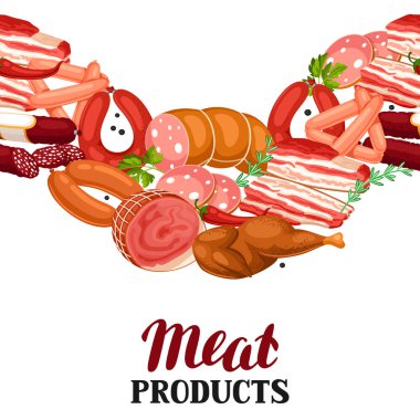 Et ürünleri ile Seamless modeli. Sosis, pastırma ve jambon çizimi.