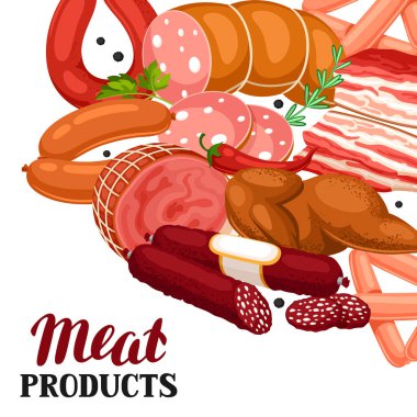 Et ürünleri ile arka plan. Sosis, pastırma ve jambon çizimi.